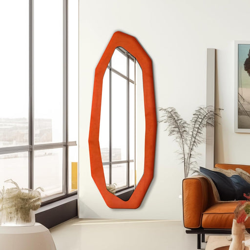 Irregular Wavy Mirror Full Length, Asymmetrical Body Mirror, Flannel Wooden Mirror, Full Body Mirror, for Entry Wall, Bedroom, Living Room (63X24, Orange)