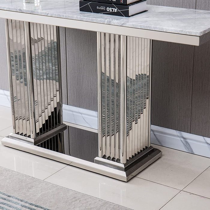 Gray Marble Top Console Table with Mirrored Finish