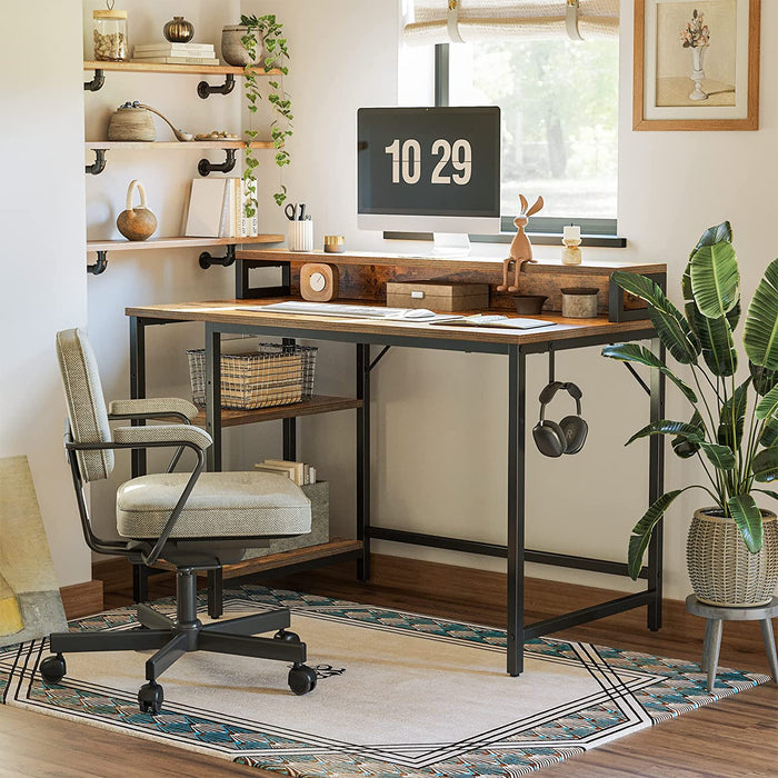 Rustic Brown Computer Desk with Monitor Stand and Storage Shelves