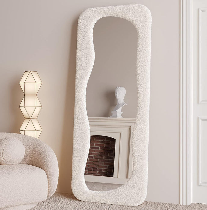Full Length Mirror 63"X24", Irregular Wavy Mirror, Wave Arched Floor Mirror, Wall Mirror Standing Hanging or Leaning against Wall for Bedroom, Flannel Wrapped Wooden Frame Mirror-White