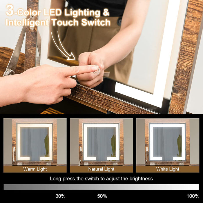 Vanity Desk with 3-Color Lighted Flip Top Mirror