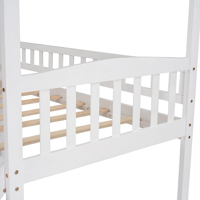 Wood Twin Loft Bed with Slide and Storage Drawers, White+Wood