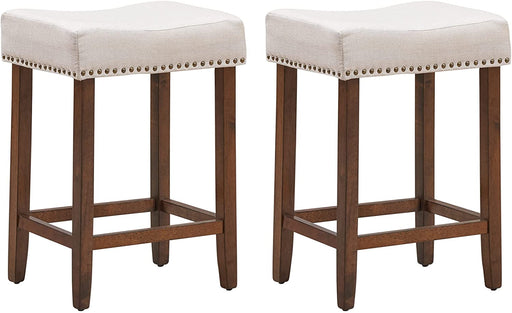 Backless Fabric Saddle Barstools, Set of 2 in Beige/Brown