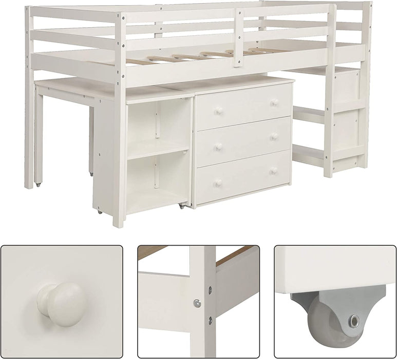 Twin Loft Bed with Rolling Desk/Shelf/Guardrail