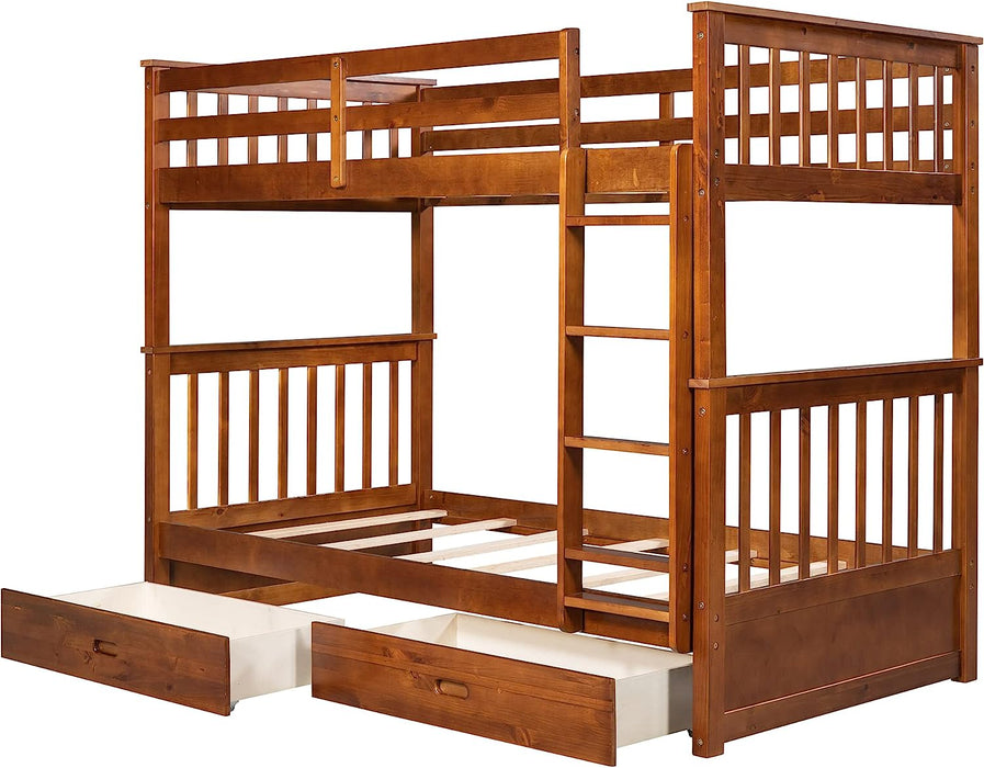 Twin Bunk Bed with Drawers, Solid Wood, Natural Walnut