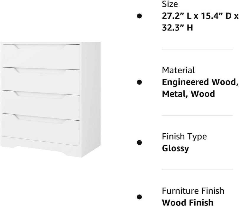 Modern 4 Drawer Dresser, White, Clothing Organizer