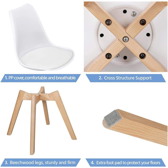 Set of 4 White DSW Accent Shell Chairs, Beech Wood Legs, Mid Century Modern Eiffel Inspired, PU Upholstered