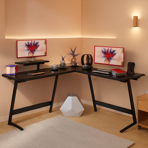 Sturdy L-Shaped Gaming Desk with Monitor Riser