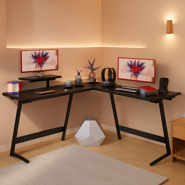 Sturdy L-Shaped Gaming Desk with Monitor Riser