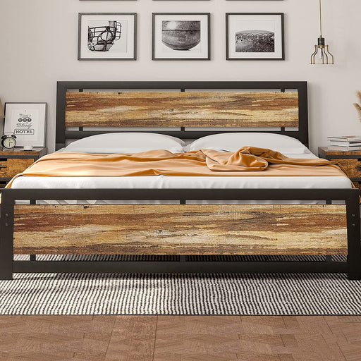 Rustic Brown Metal Platform Bed Frame, Industrial Wood Headboard