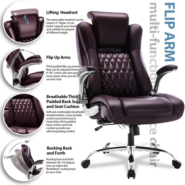 High Back Office Chair with Lifting Headrest - Flip Arms Adjustable Built-in Lumbar Support, Executive Computer Desk Chair Home Office Work Chairs