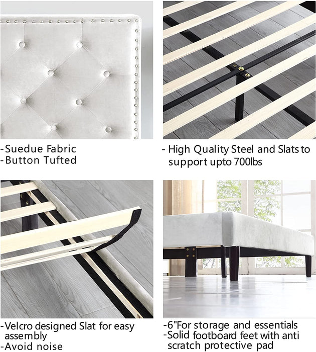 Beige King Upholstered Platform Bed Frame W/ Adjustable Headboard and Storage Space