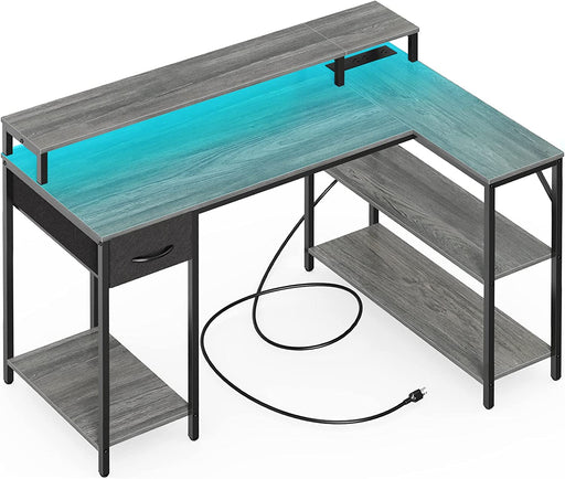 Gray L-Shaped Desk with Power & LED