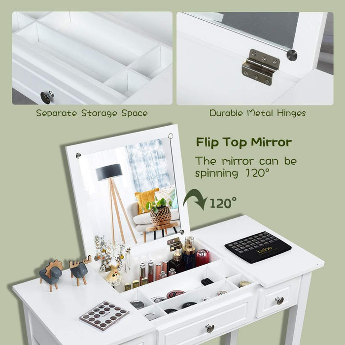 White Vanity Set with Flip Top Mirror and Drawers