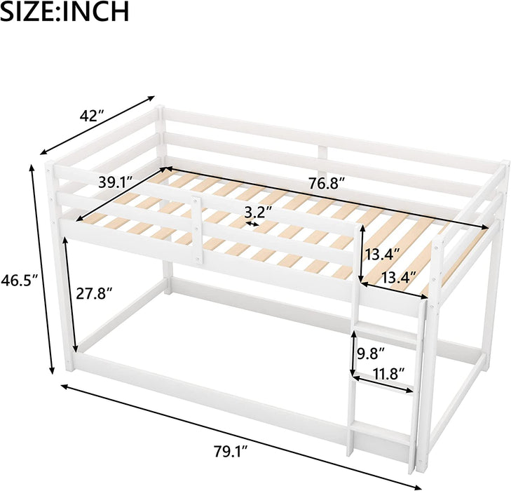 Solid Wood Twin Floor Bunk Bed with Guard Rails, White