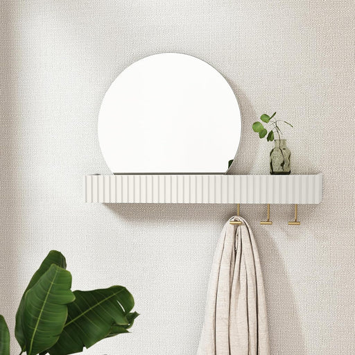 round Wall Mirror with Shelf&Hooks, 18"X24" White Vanity Mirror with Streamlined Texture, Circle Decorative Mirror for Bathroom, Entryway, Bedroom, Living Room