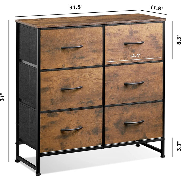 Fabric Double Dresser with 6 Drawers, Rustic Brown