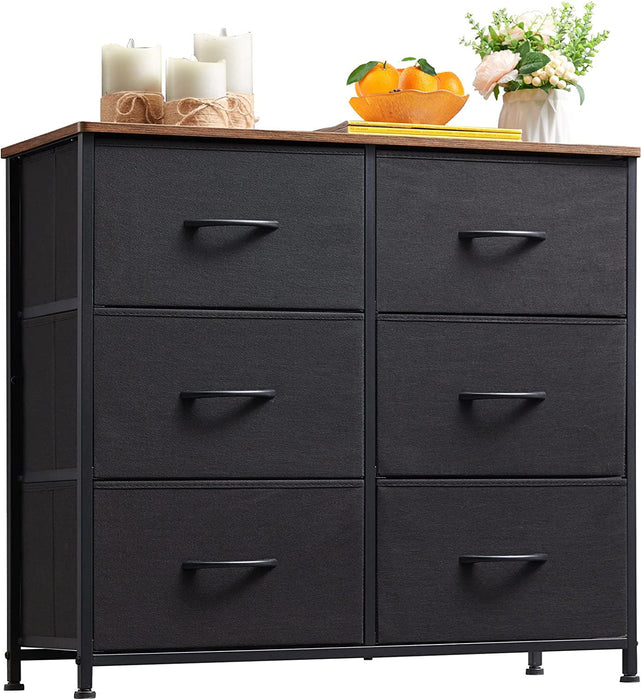 6-Drawer Wide Storage Chest with Removable Fabric Bins, Black/Rustic Brown