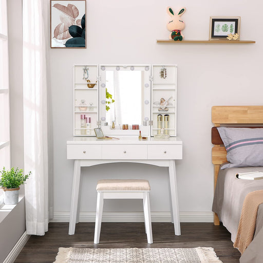 White Vanity Desk Set with Lighted Mirror & Makeup Cabinet