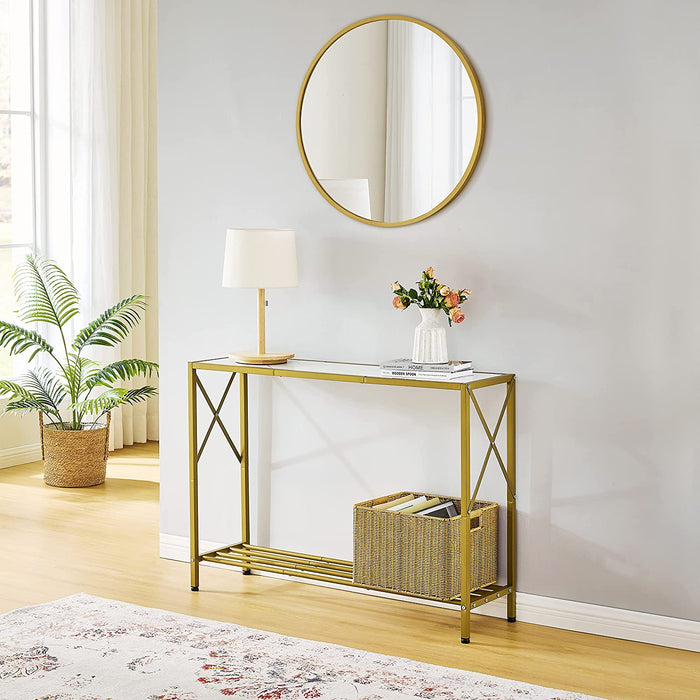 Gold and White Narrow Console Table with Shelves