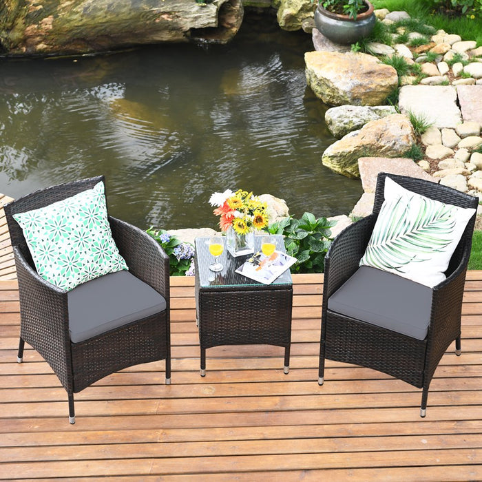 3PCS Patio Rattan Chair & Table Furniture Set Outdoor W/ Grey Cushion