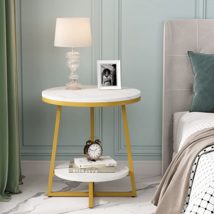 Modern Gold Faux Marble End Table, 2-Tier