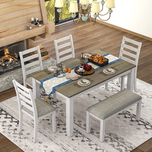 6-Piece Rustic Wooden Dining Table Set with Bench, Brown