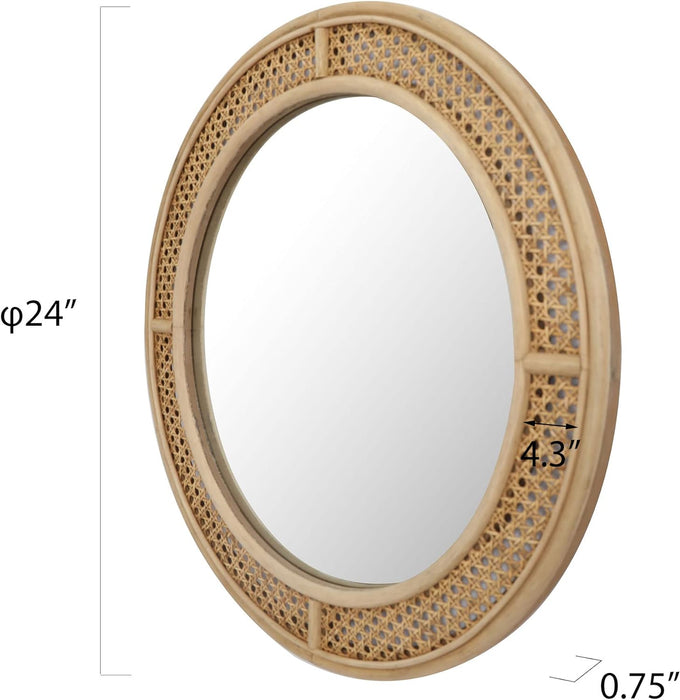 Round Rattan Wall Mirror with Wooden Framed, Modern Boho Decorative Mirror for Bathroom, Entry, Living Room, Bedroom, 24 Inch