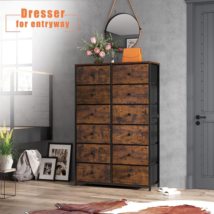 12-Drawer Rustic Brown Fabric Dresser with Metal Frame