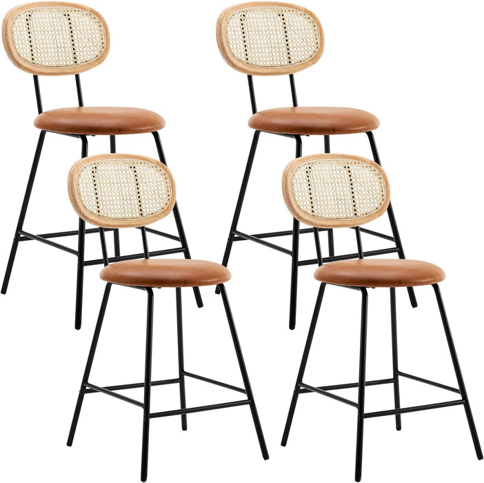 Rattan Back Metal Counter Height Barstools, Set of 4, Whiskey Brown