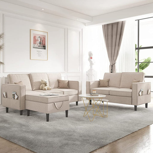 Convertible Sectional Sofa Couch with Storage Ottoman, 3 Pcs Couch Set with Storage Pockets, Sectional Couches for Living Room, 3-Seater + Ottoman + 1-Loveseat (Beige)