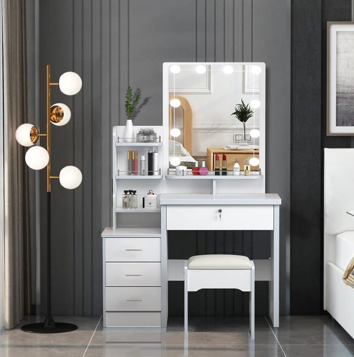 White Vanity Set with Cushioned Stool and Drawers