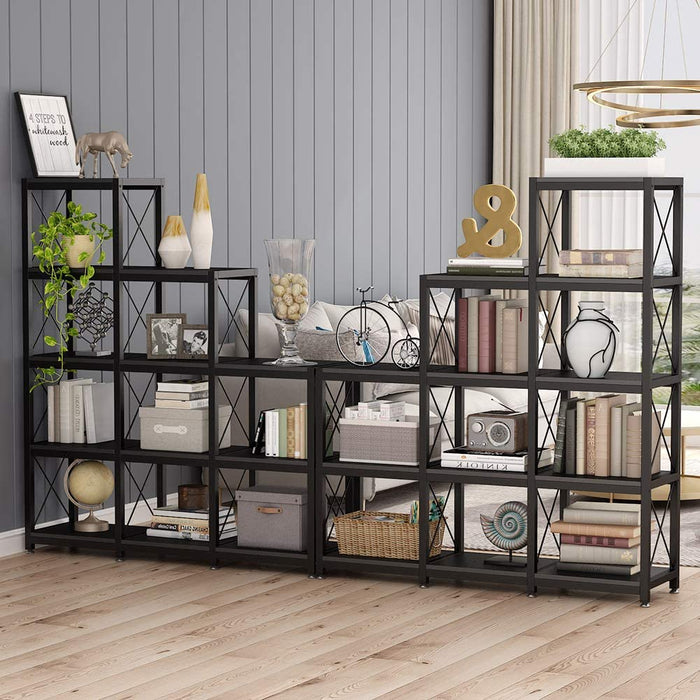 Rustic Industrial 5-Tier Bookshelf with Ladder