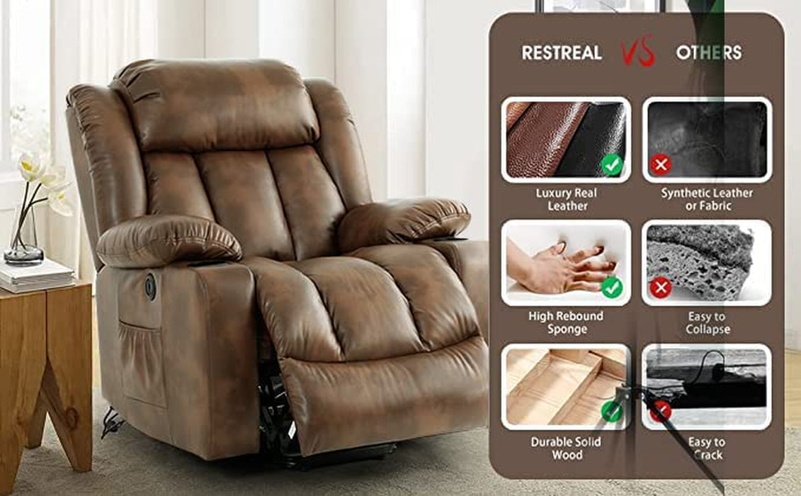 Light Brown Power Lift Recliner with Heat & Massage