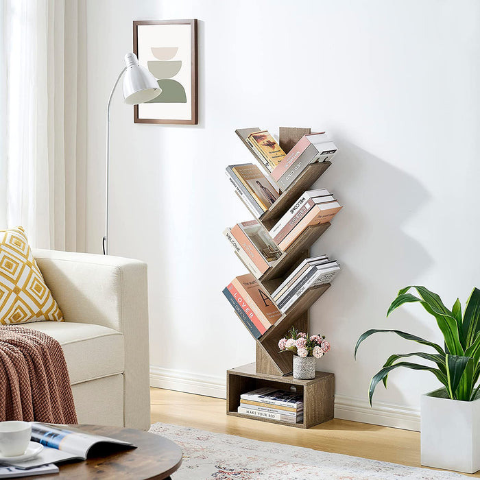 Modern 6-Tier Bookshelf with Drawer in Greige