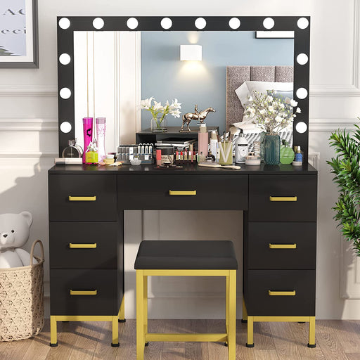 Large Black Vanity Desk with Lighted Mirror