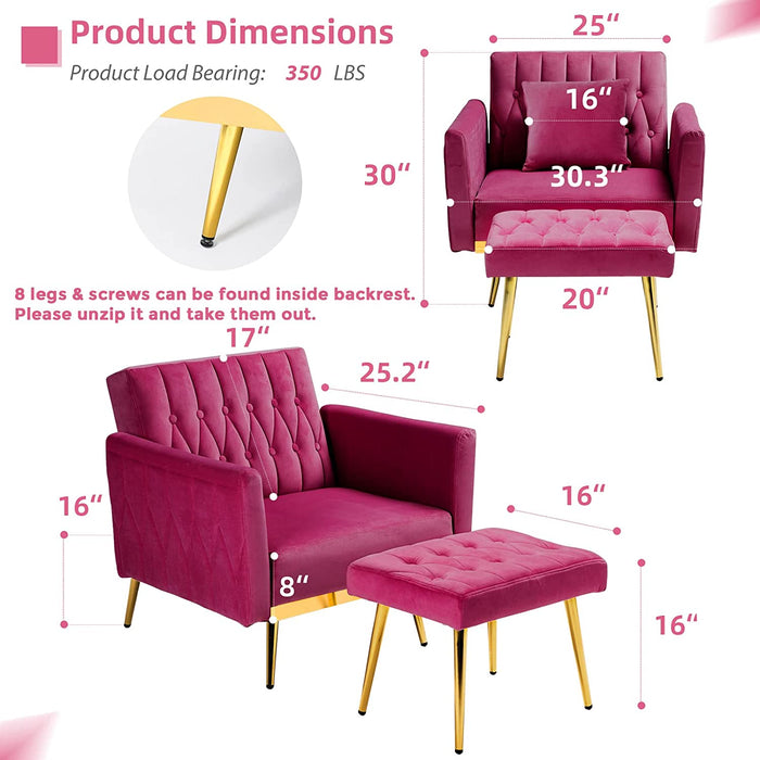 Velvet Accent Chair with Adjustable Armrests, Fuchsia