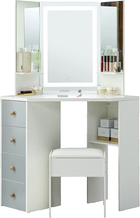 White Vanity Set with Three-Fold Mirrors LED Touch Mirror