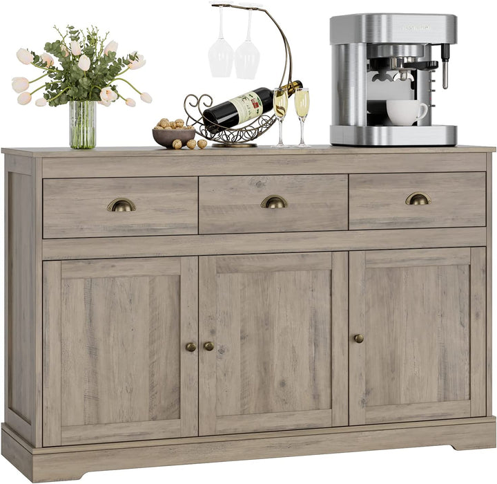 Farmhouse Buffet Server with Wine Cabinet and Drawers, Grey Wash