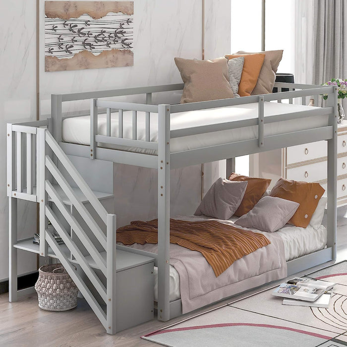 Twin over Twin Junior'S Low Bunk Bed, Storage Stairs, Wood, Grey