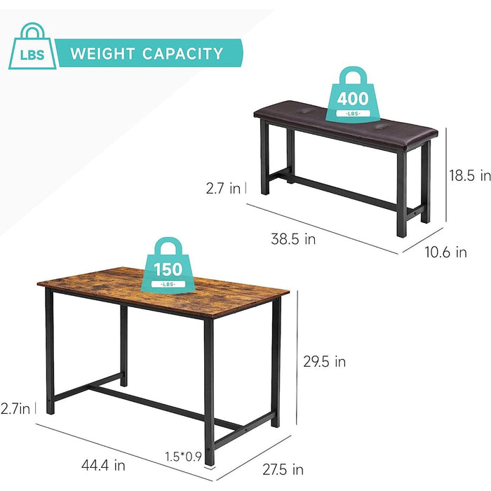 3-Piece Rustic Brown Dining Table Set for 4 with Benches