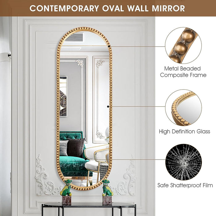 Oval Full Length Mirror, 16"X47" Metal Beaded Frame Mirror for Wall, Large Hanging Dressing Floor Mirror for Bedroom, Living Room, Entryway, Antique Gold (No Stand)