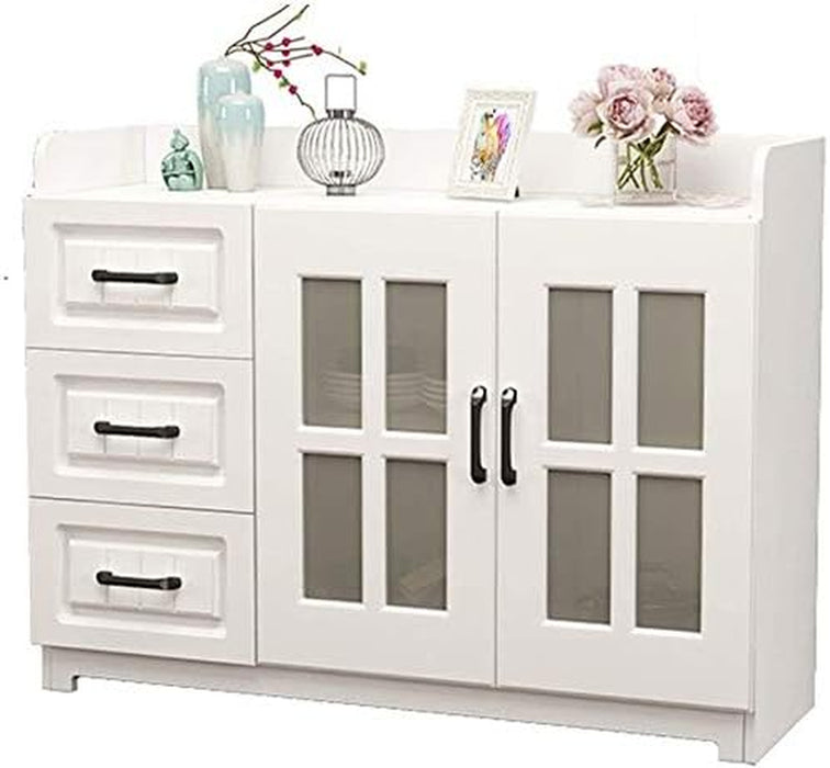 White Console Entryway Table with Storage Cabinets and Drawers