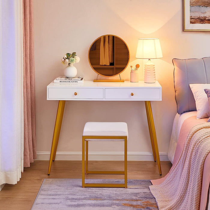 Glossy Top White and Gold 2-Drawer Vanity Desk