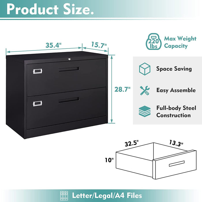Black 2-Drawer Cabinet with Lock for Home Office