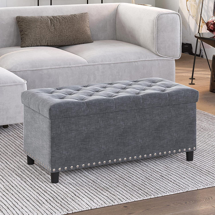 Button-Tufted Ottoman with Storage - Grey