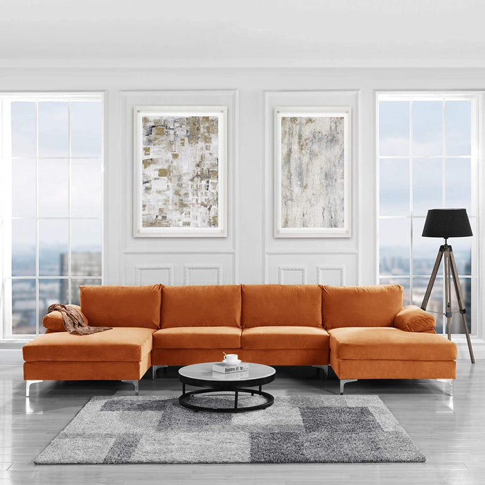 Orange Velvet Double Chaise U Shape Sectional Sofa