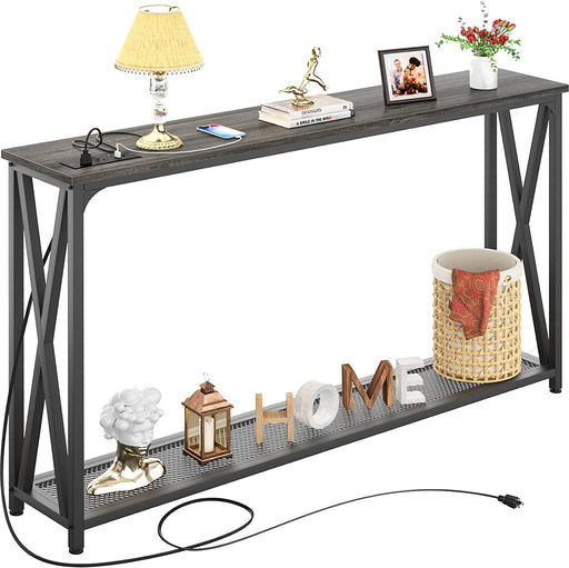 Industrial Grey Oak Console Table with Power Strip