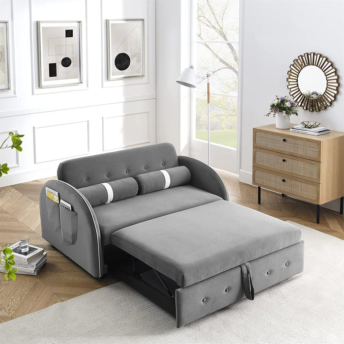 Grey Velvet Sofa Bed with Pull-Out and Pockets