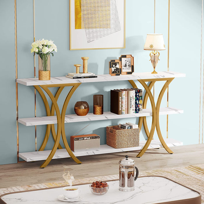 Gold Console Table with 3 Tier Shelves